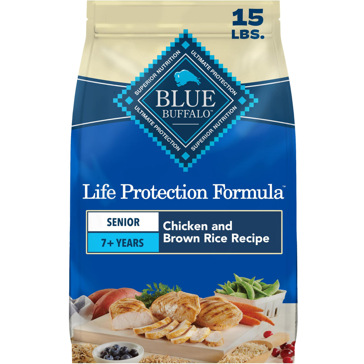 Blue Buffalo front bag view showing senior formula and benefits