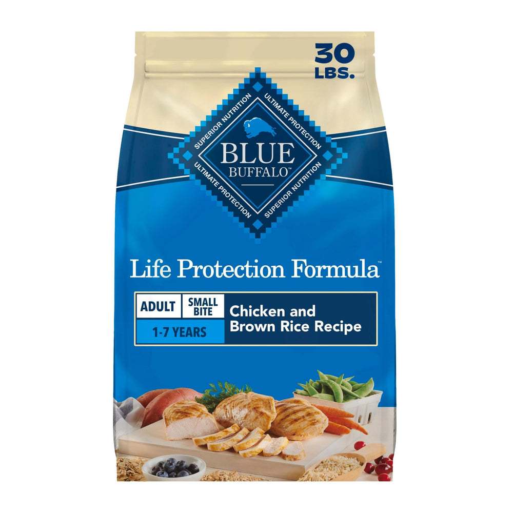 Blue Buffalo small bite front bag shows product and benefits