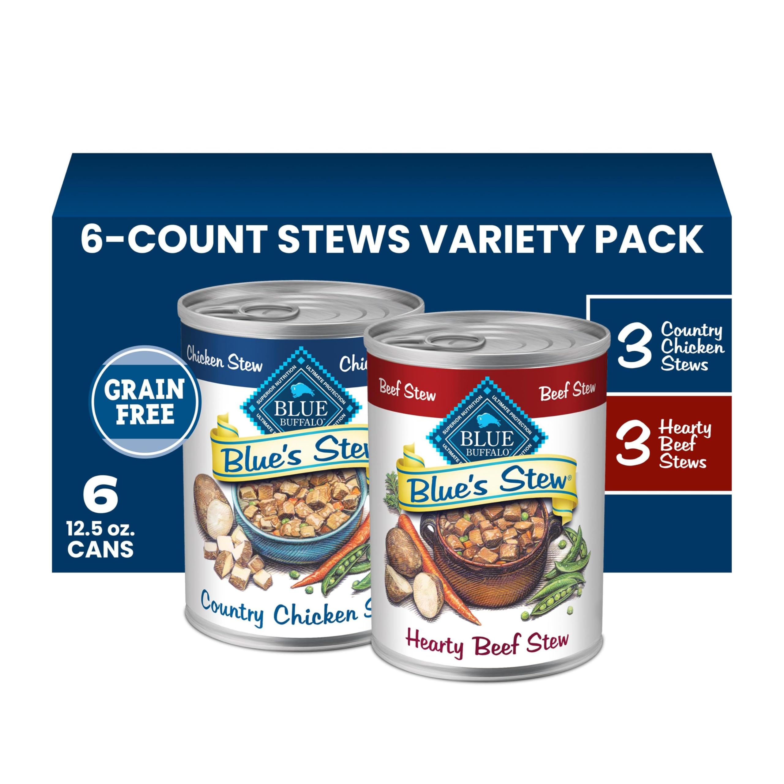 Blue Buffalo variety pack front packaging showing beef and chicken cans and convenience
