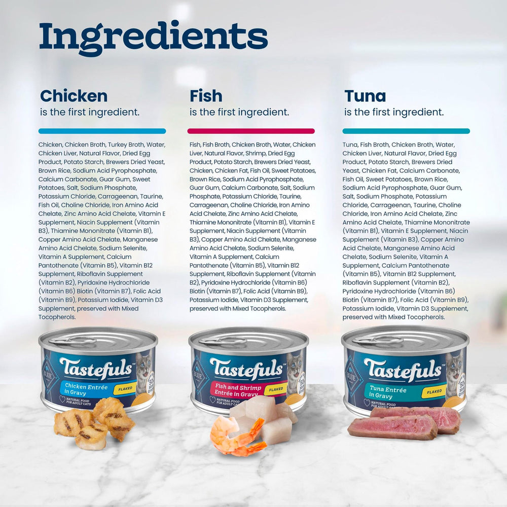 Blue Buffalo label detail highlighting fish and shrimp ingredients