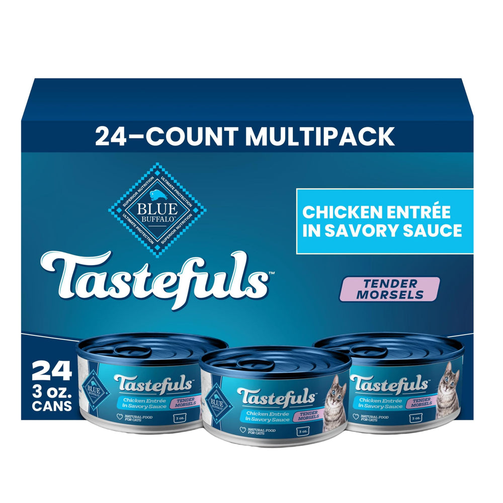 Blue Buffalo front packaging showing 24 cans and brand assurance benefit