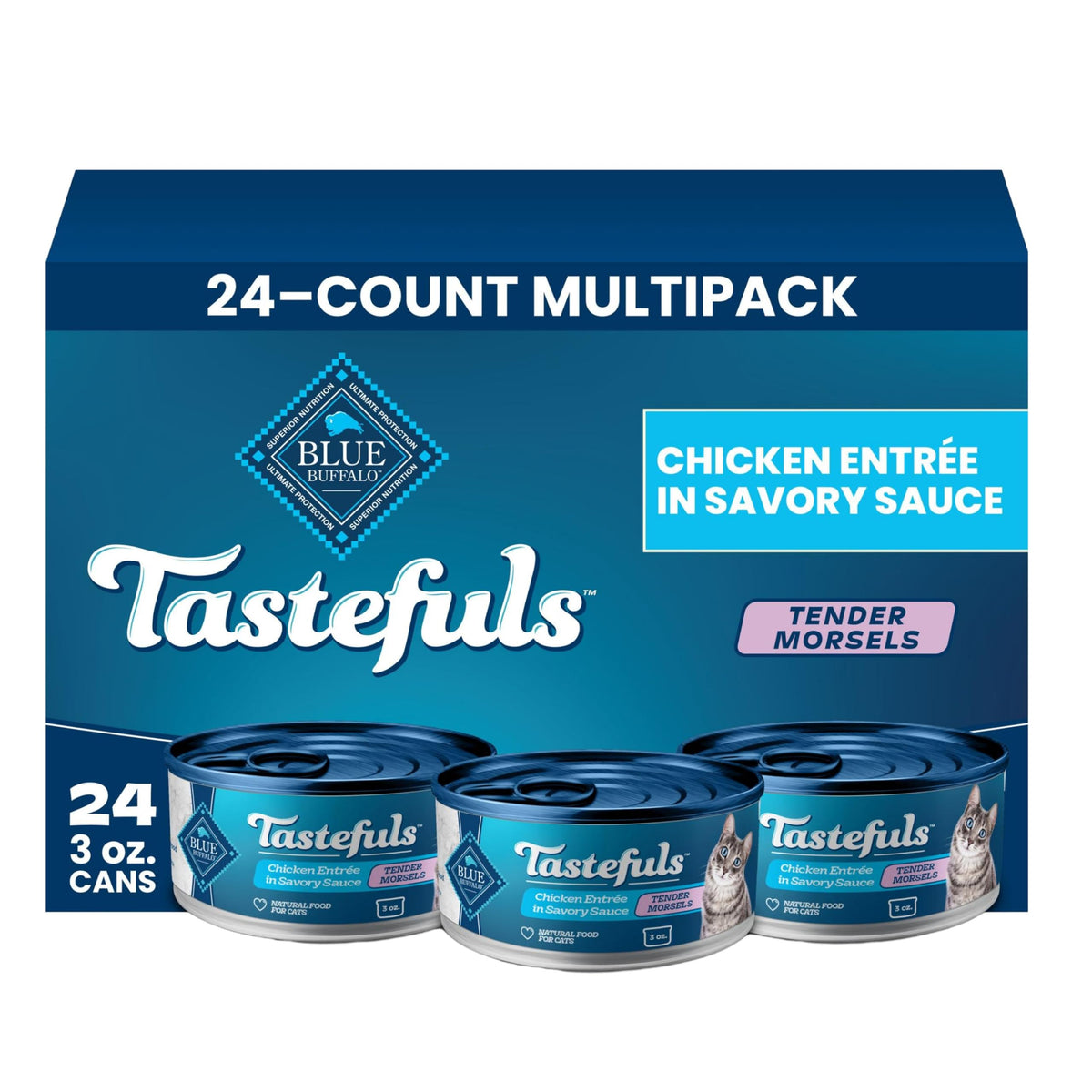 Blue Buffalo front packaging showing 24 cans and brand assurance benefit