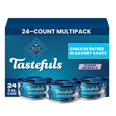 Blue Buffalo front packaging showing 24 cans and brand assurance benefit