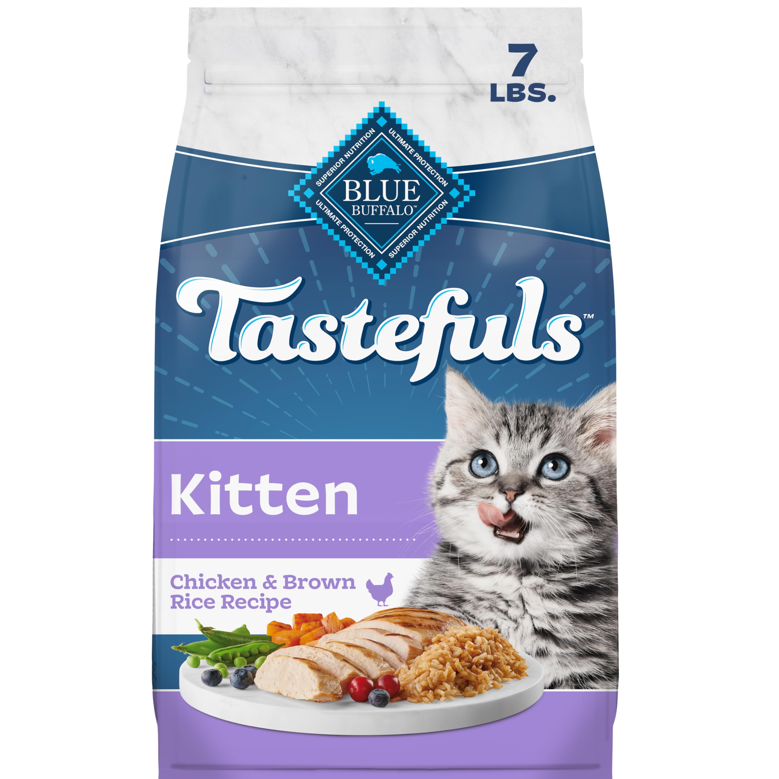 Blue Buffalo bag front packaging showing Tastefuls kitten recipe and benefits
