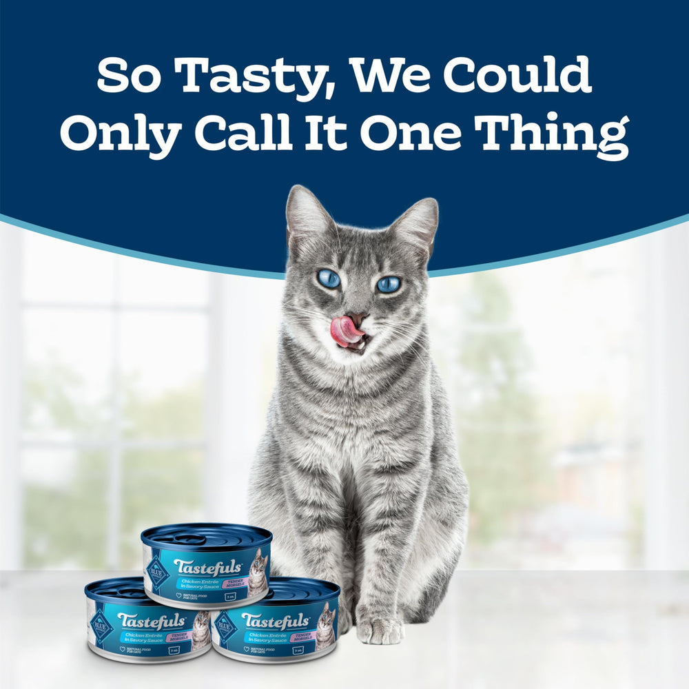 Blue Buffalo open can revealing chicken morsels and ready-to-serve appeal