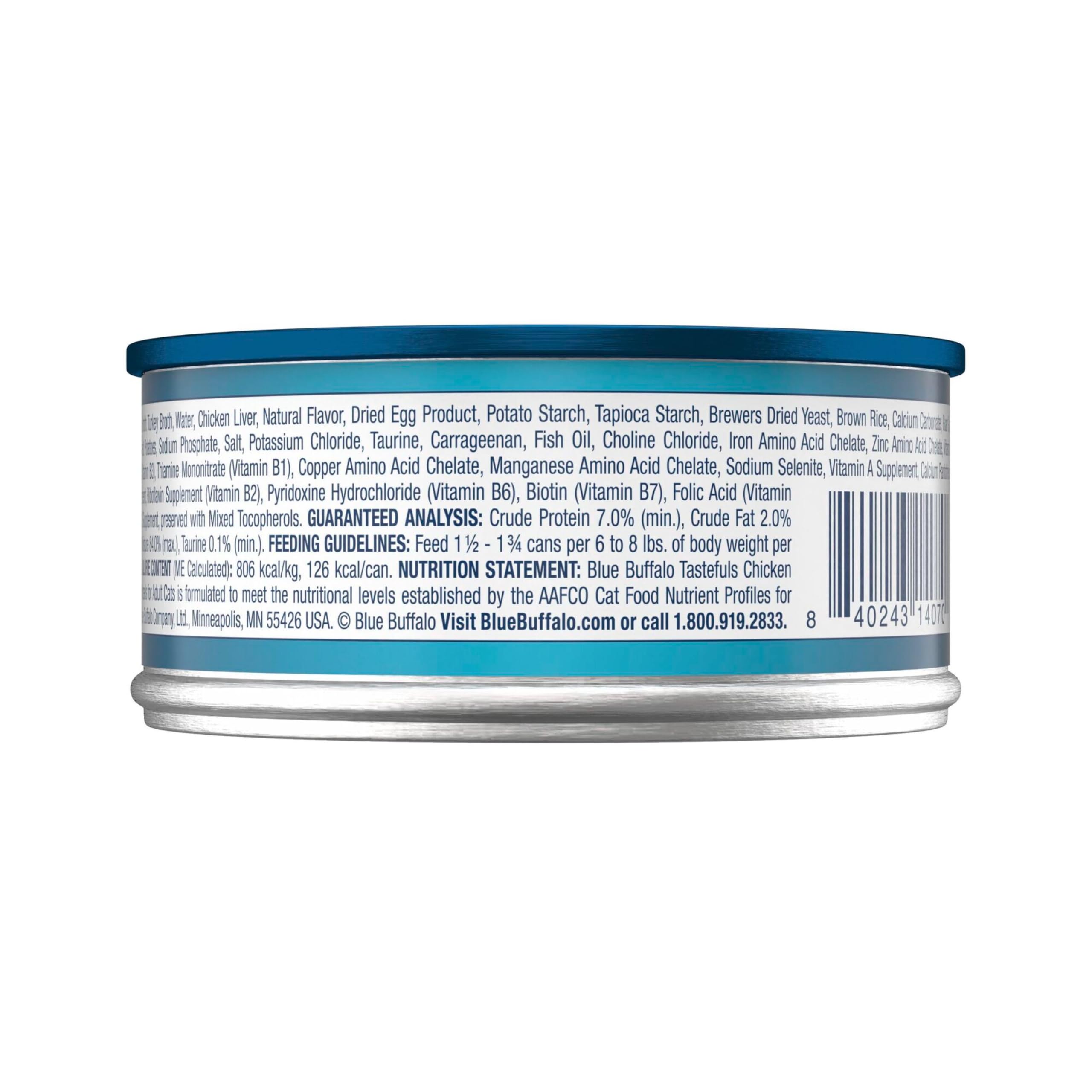 Blue Buffalo open can with tender chicken morsels visible, enticing