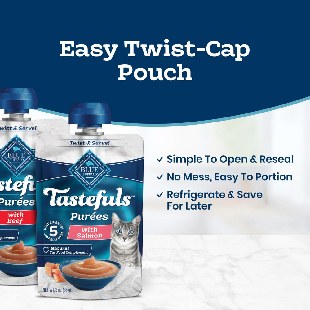 Blue Buffalo tuna pouch twist-cap detail, demonstrates easy resealing