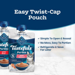 Blue Buffalo tuna pouch twist-cap detail, demonstrates easy resealing