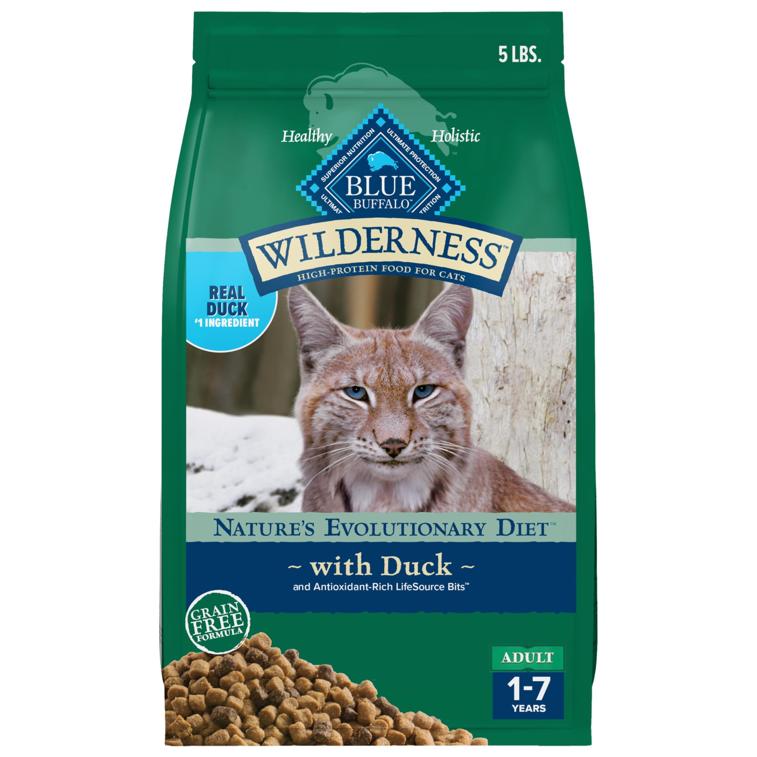 Blue Buffalo front packaging showing product benefits and real duck