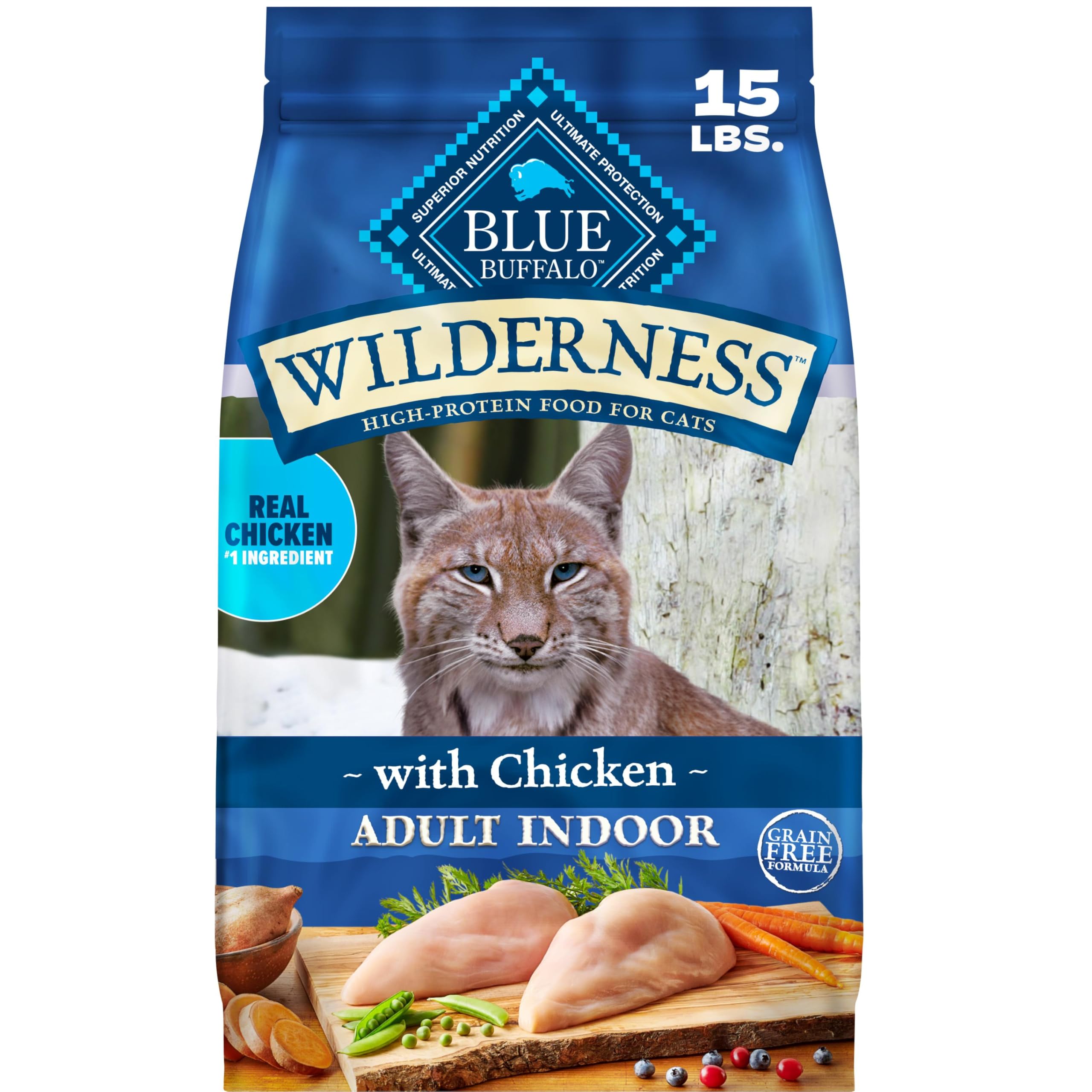 Blue Buffalo front packaging showing 15 lb bag and benefits
