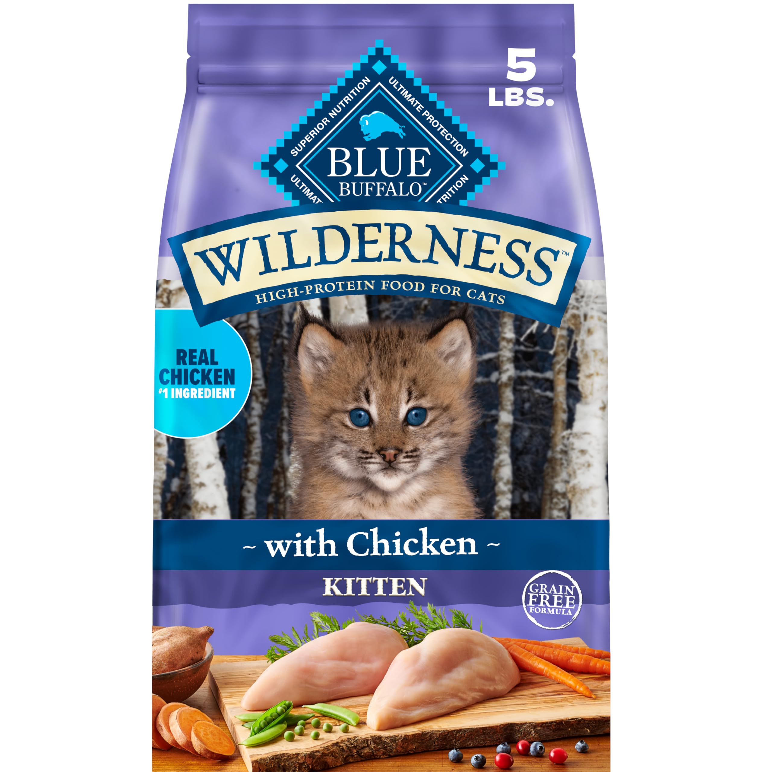 Blue Buffalo front packaging showing Wilderness kitten recipe benefits
