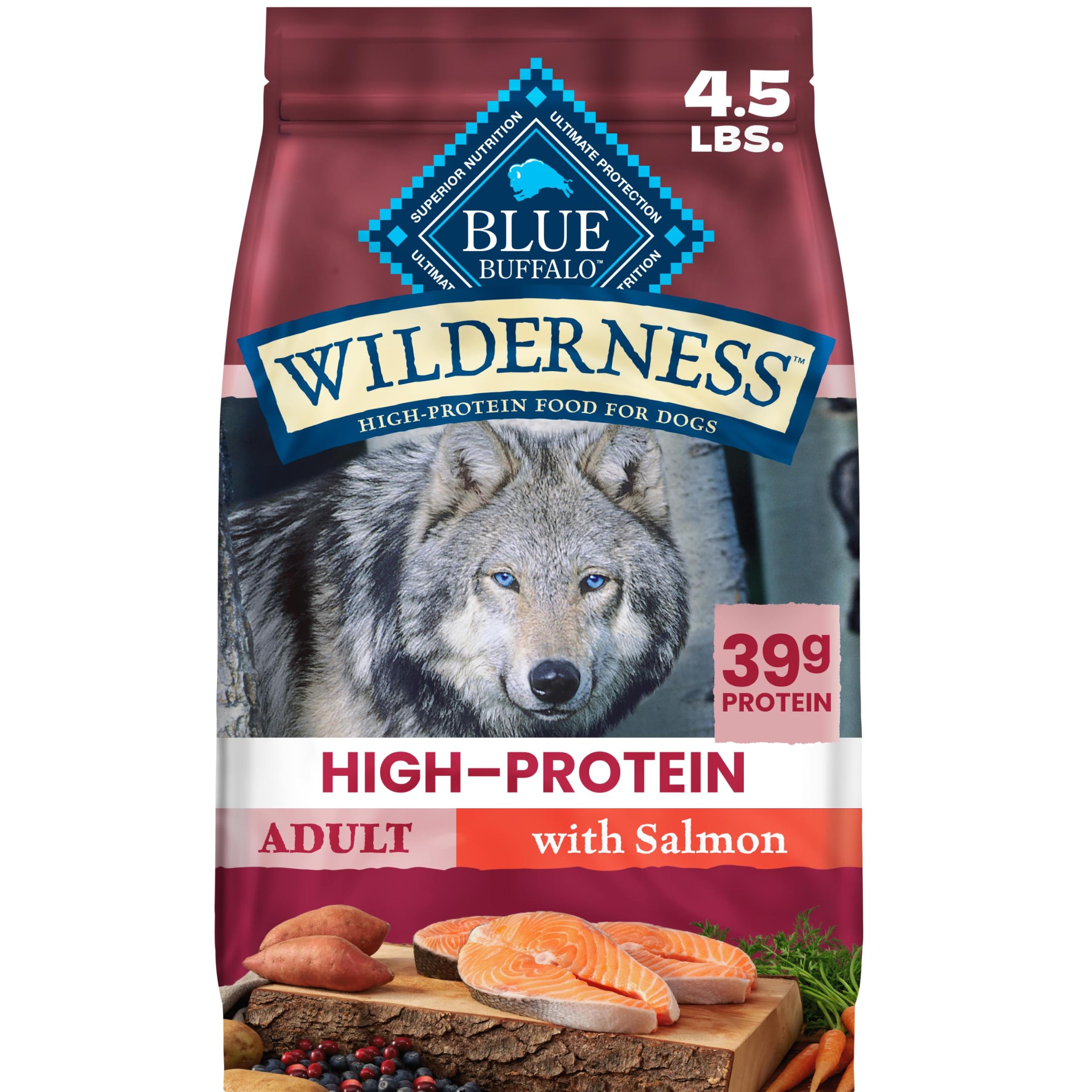 Blue Buffalo front packaging showing salmon recipe and benefits