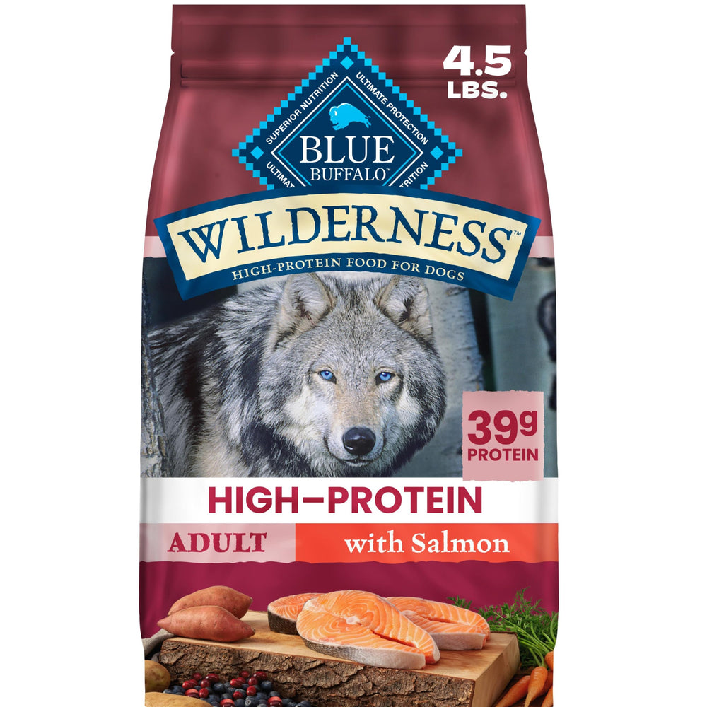 Blue Buffalo front packaging showing salmon recipe and benefits