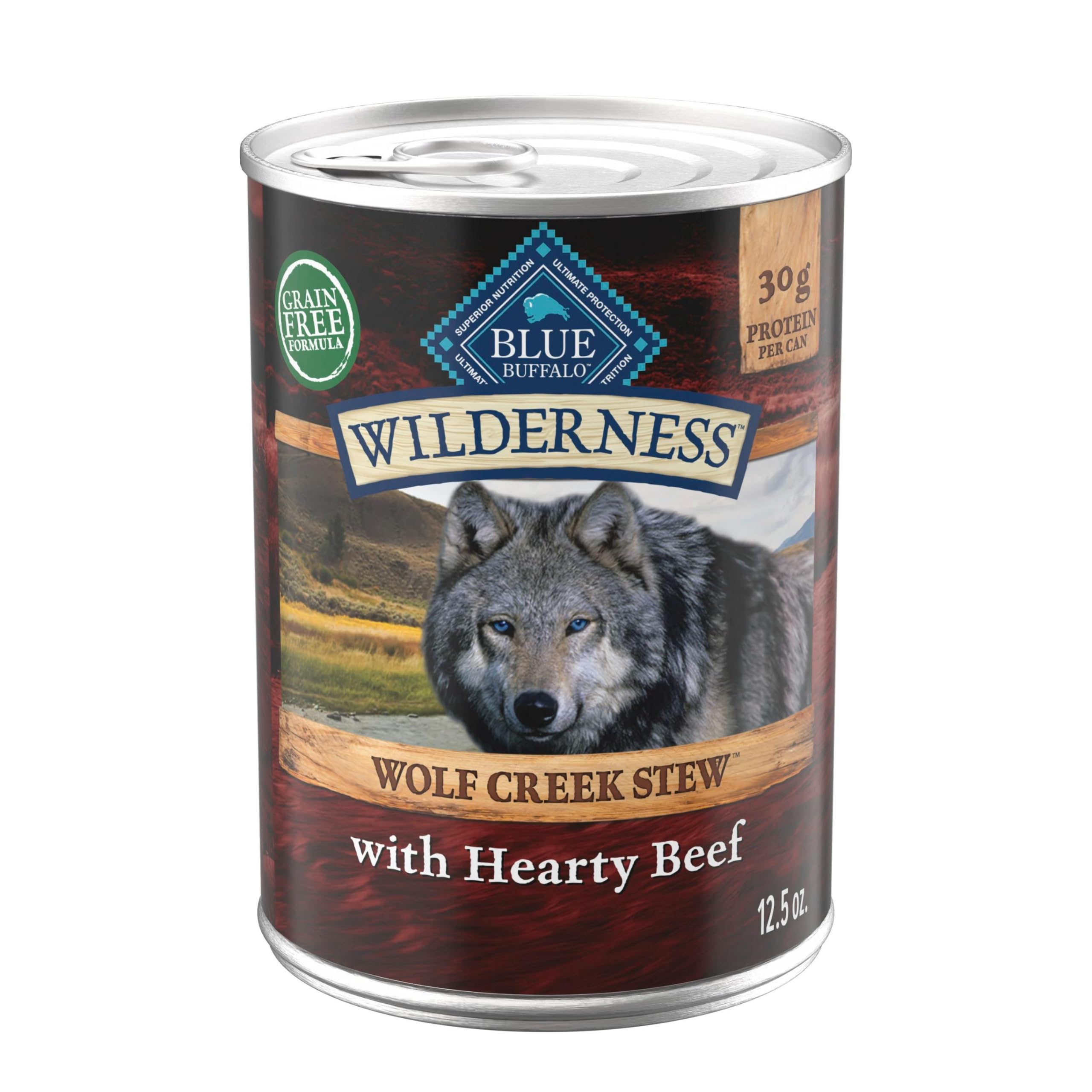 Blue Buffalo front can showing Wolf Creek Stew label and benefits