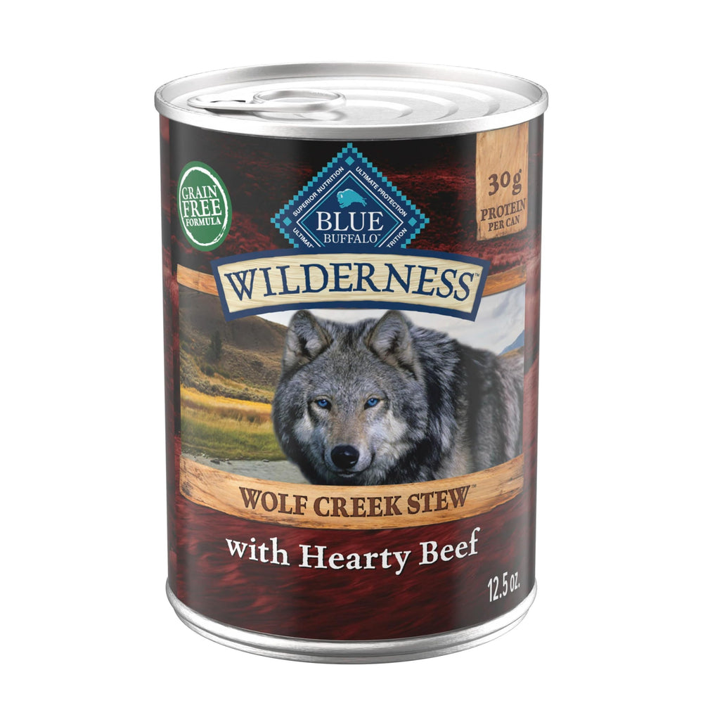 Blue Buffalo front can showing Wolf Creek Stew label and benefits