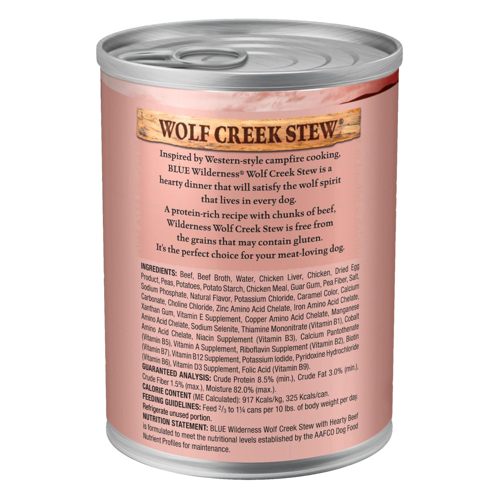 Blue Buffalo open can revealing hearty beef chunks and texture
