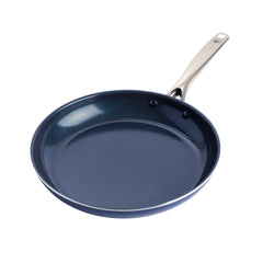 Blue Diamond front view of 12-inch skillet showing glossy blue finish and large cooking surface benefit