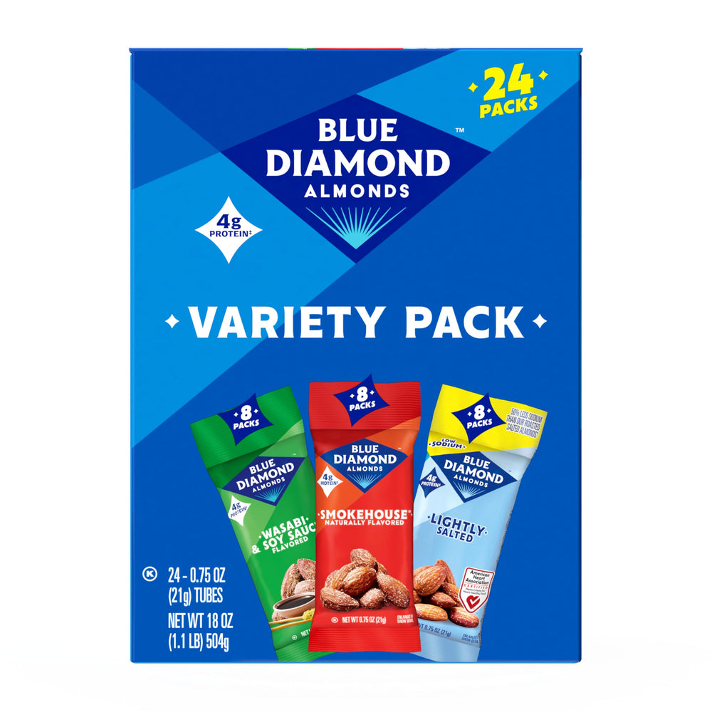 Blue Diamond front packaging showing 24 on-the-go packs and convenience