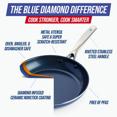 Blue Diamond skillet inside oven showing oven-safe use and high-heat finishing benefit