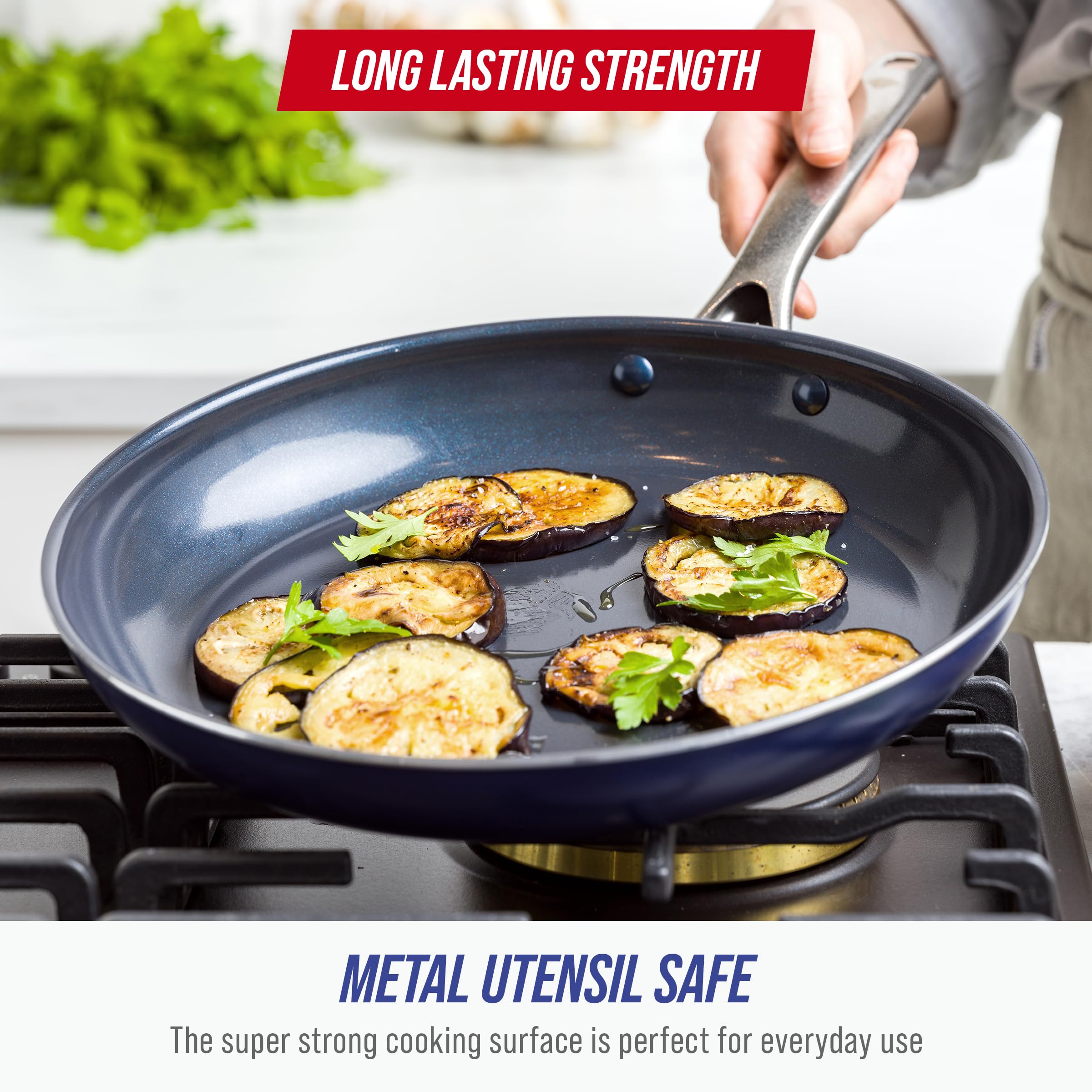 Blue Diamond pan on gas stovetop showing fast, even heating for daily cooking benefit