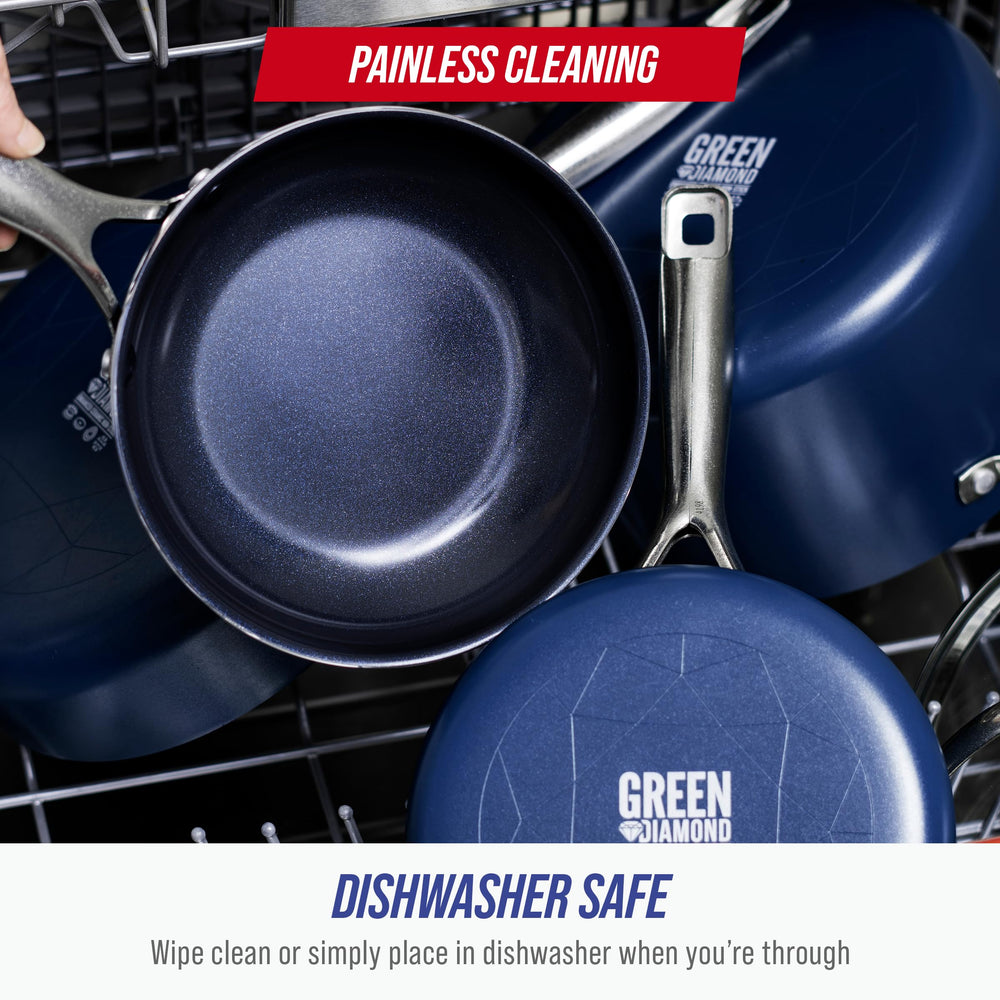 Blue Diamond skillet next to dinner plate showing 12-inch scale and family-size cooking benefit
