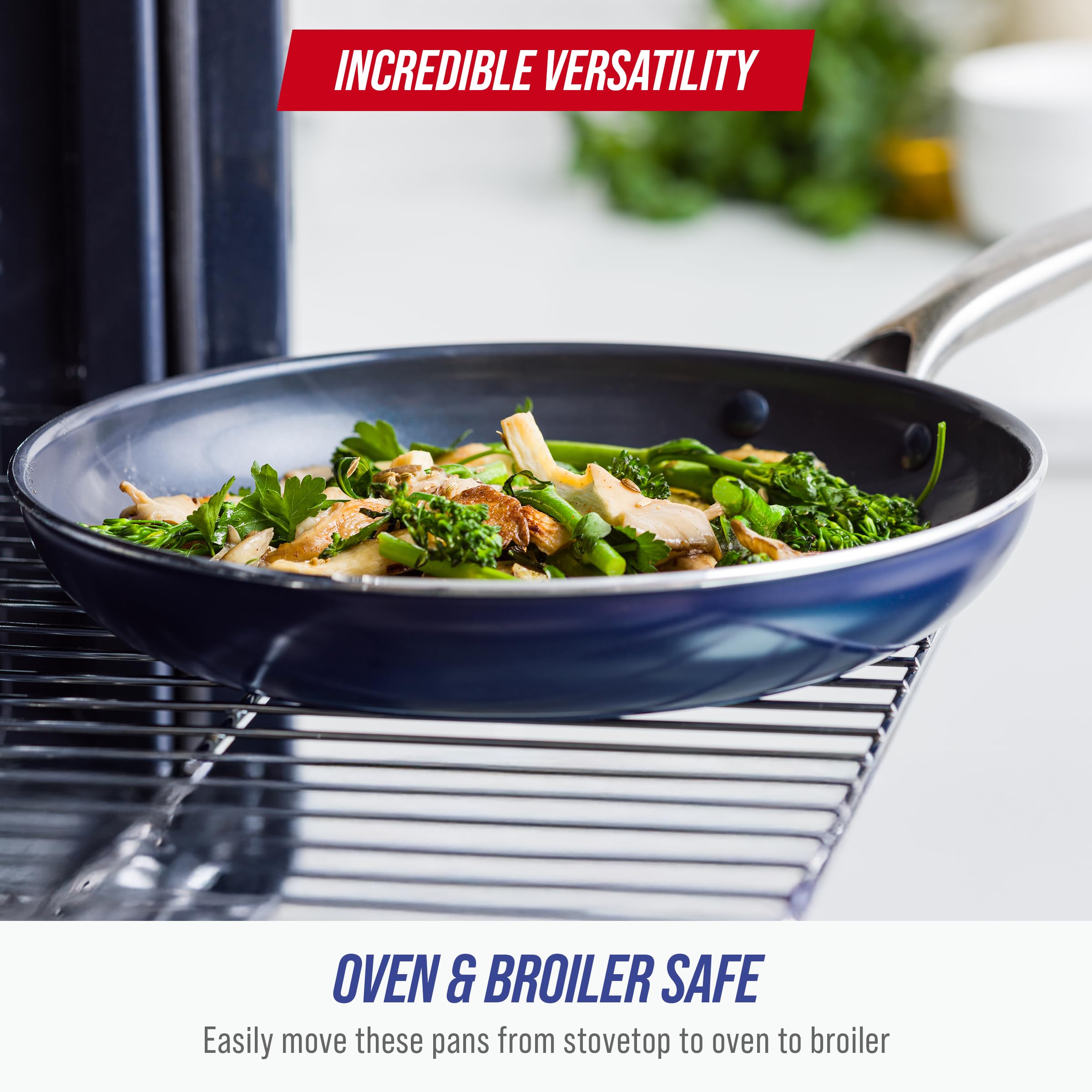 Blue Diamond skillet cooking vegetables demonstrating easy food release and low-oil benefit