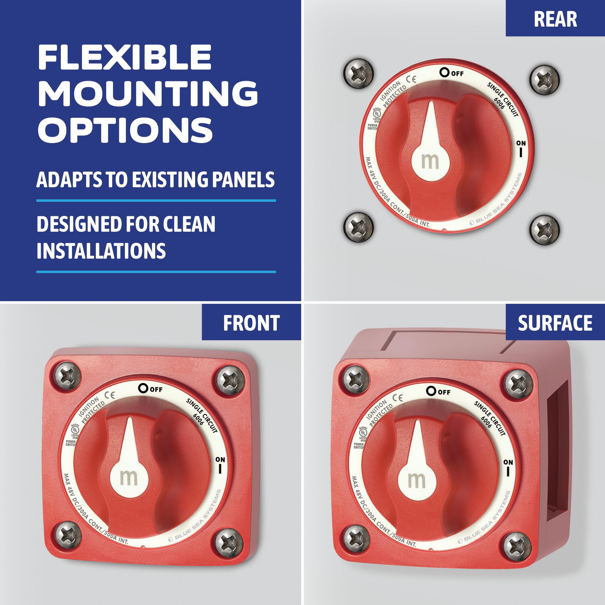 Blue Sea Systems rear mounting profile demonstrating flexible panel or bulkhead installation
