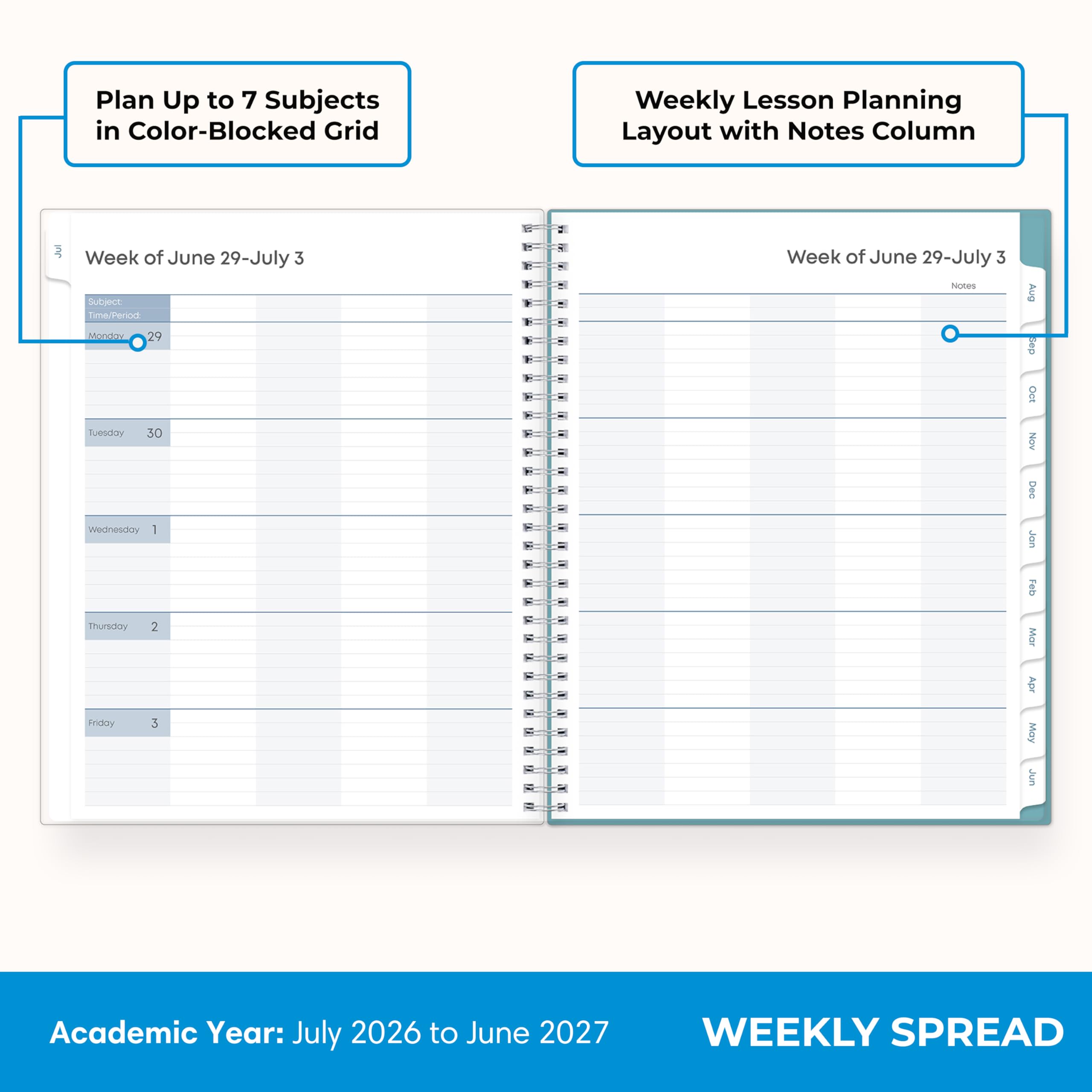 Blue Sky monthly spread with laminated tabs offering quick access benefits time-saving