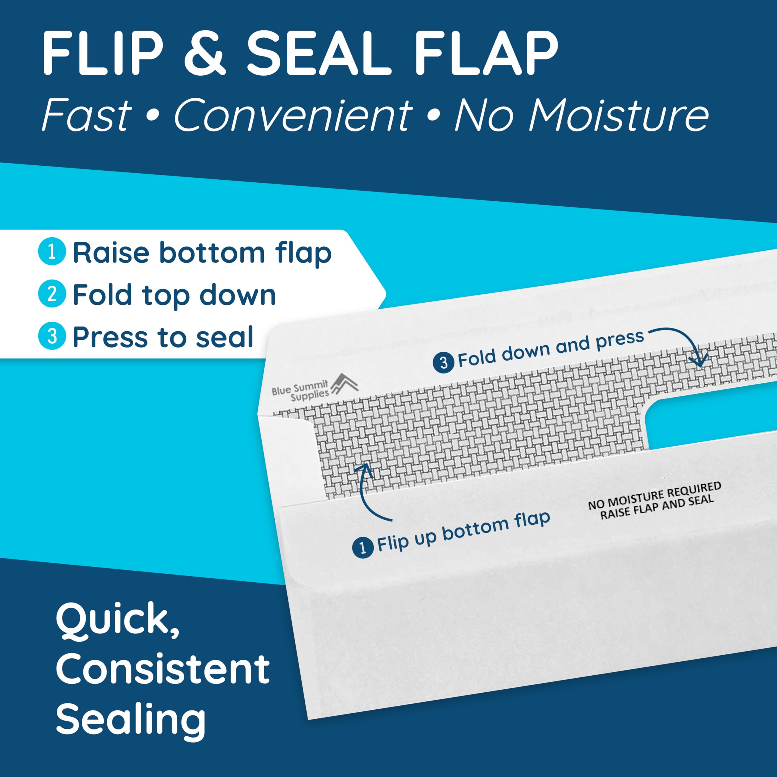 Blue Summit Supplies hand demonstrating flip-and-seal closure for faster envelope sealing