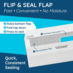 Blue Summit Supplies hand demonstrating flip-and-seal closure for faster envelope sealing