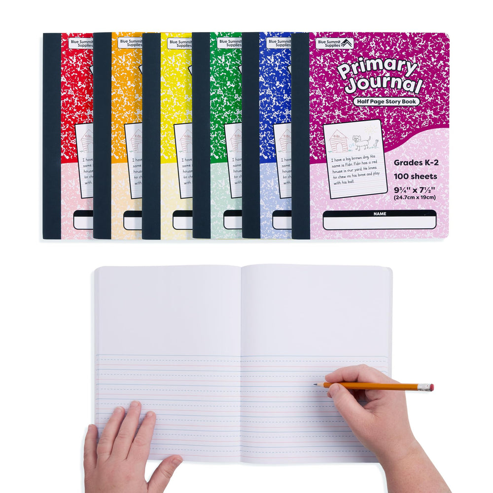 Six Blue Summit Supplies notebooks stacked, offering value and classroom readiness
