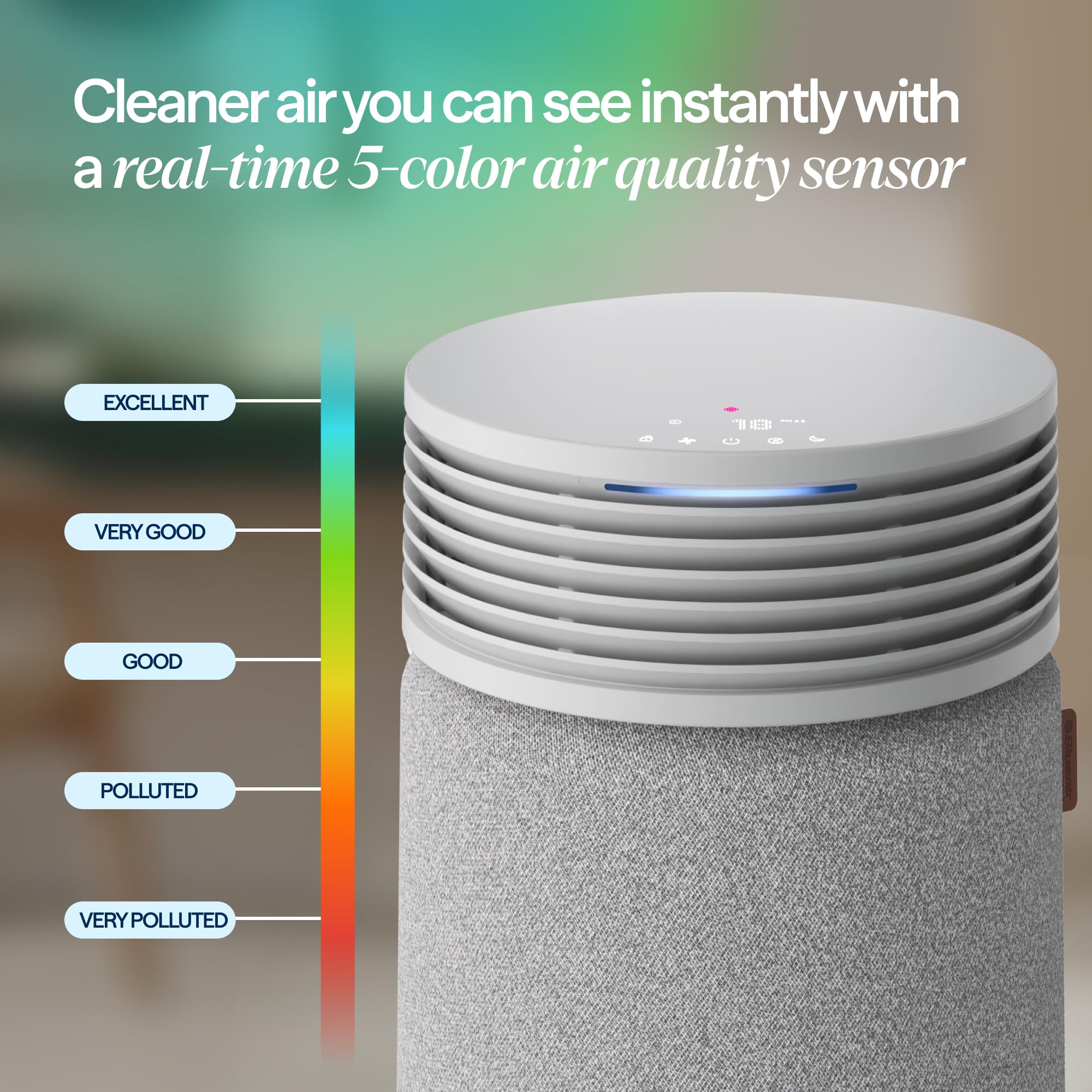 BLUEAIR in bedroom on nightstand providing quiet air cleaning for sleep