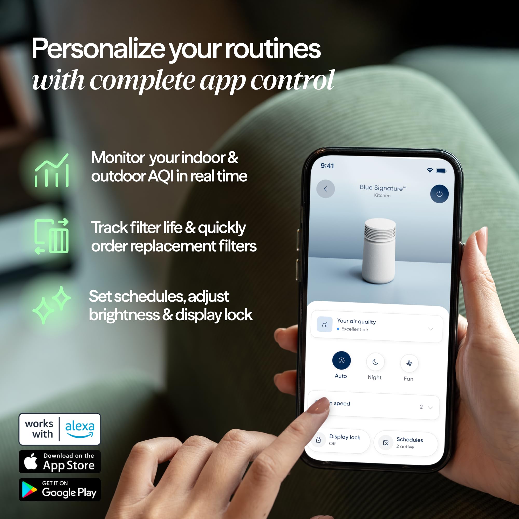 BLUEAIR beside lamp on nightstand showing scale and compact footprint benefit