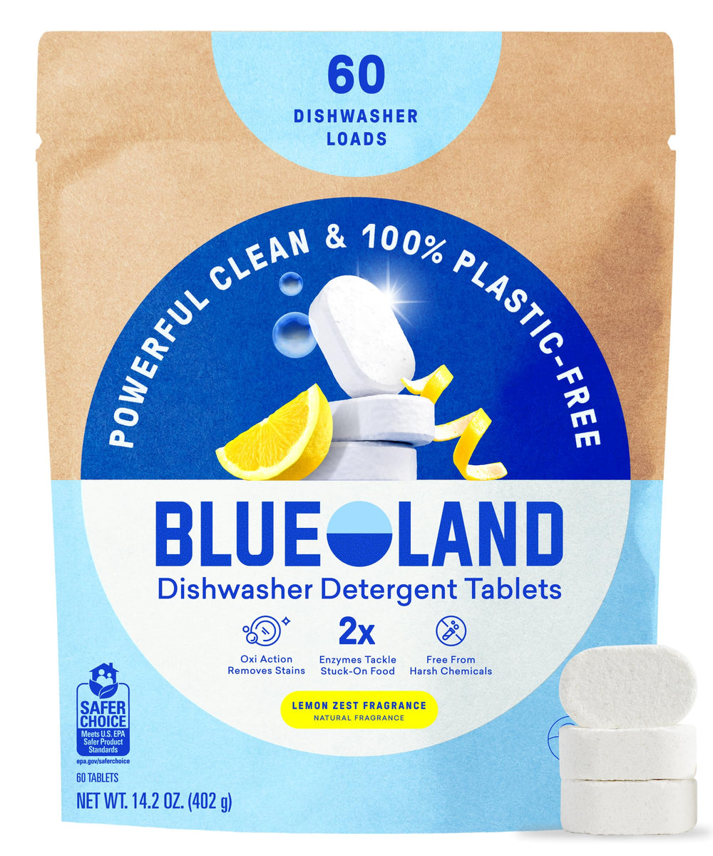 BLUELAND front packaging showing lemon zest tablets and eco benefits