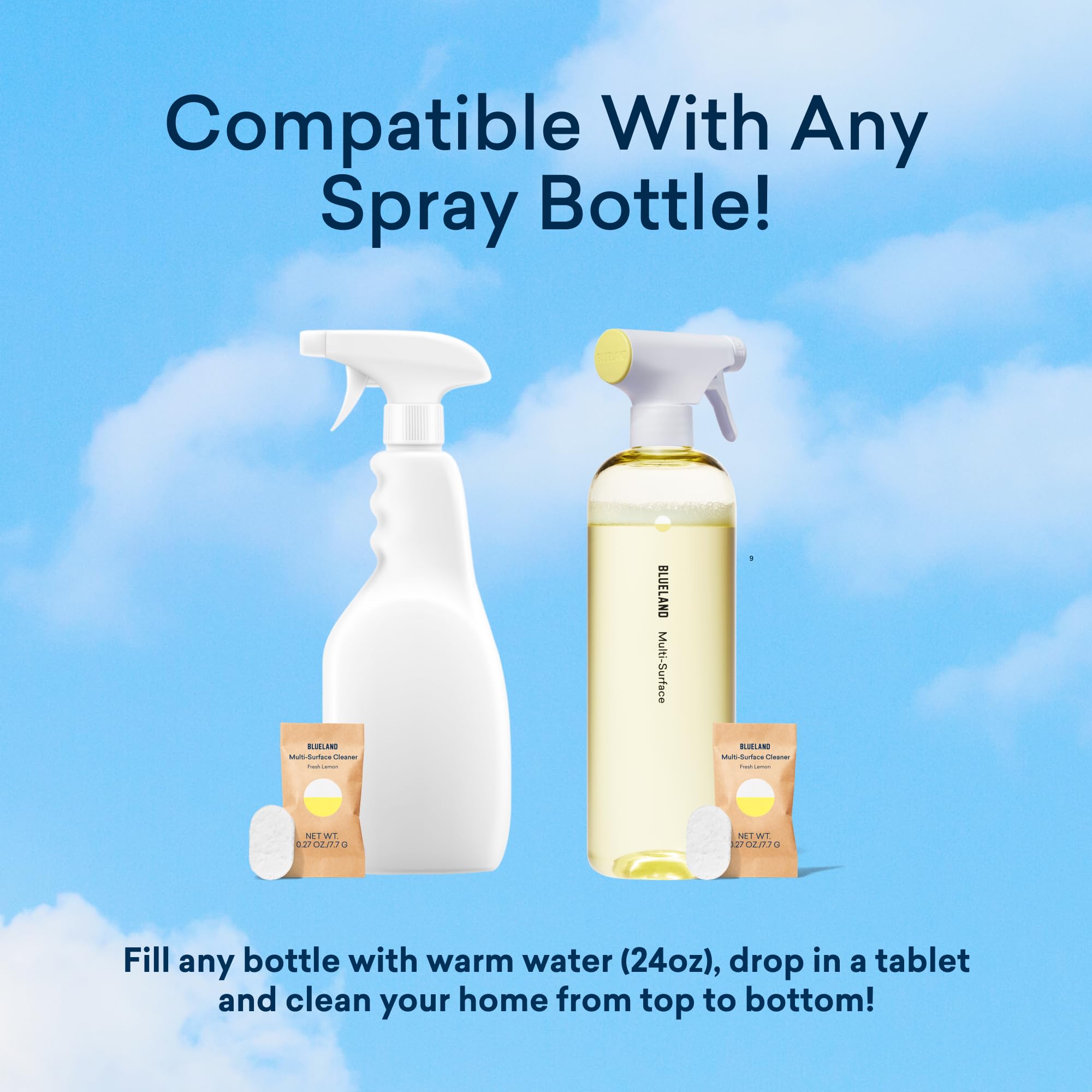 BLUELAND tablets and bottle flatlay packaging showing reduced-plastic shipping benefit