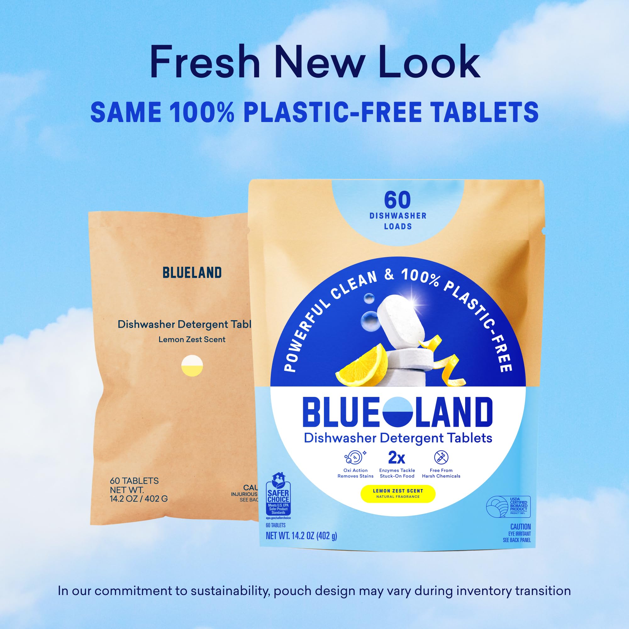 BLUELAND packaging detail emphasizing recyclable and plastic-free design