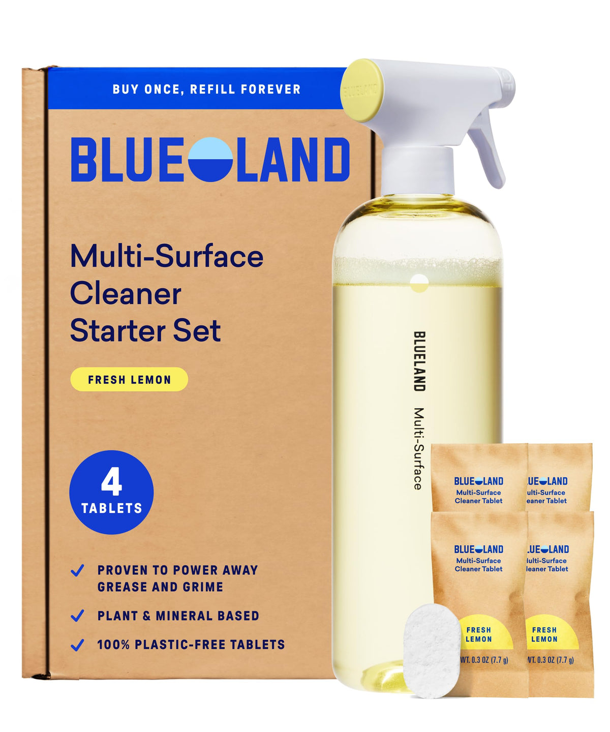BLUELAND starter bottle front view showing refillable design and lemon scent benefits