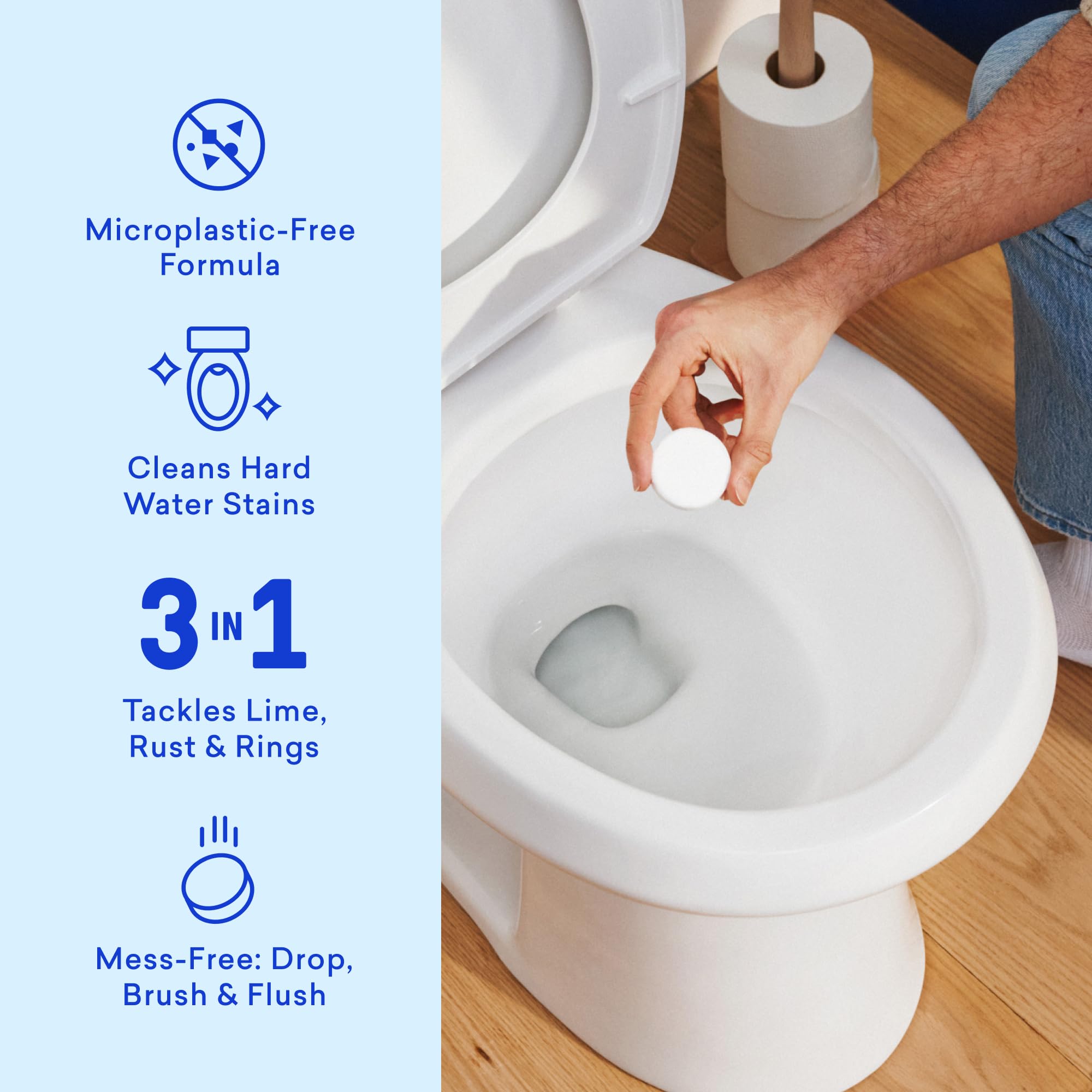 BLUELAND tablet fizzing in toilet bowl demonstrating stain-lifting action