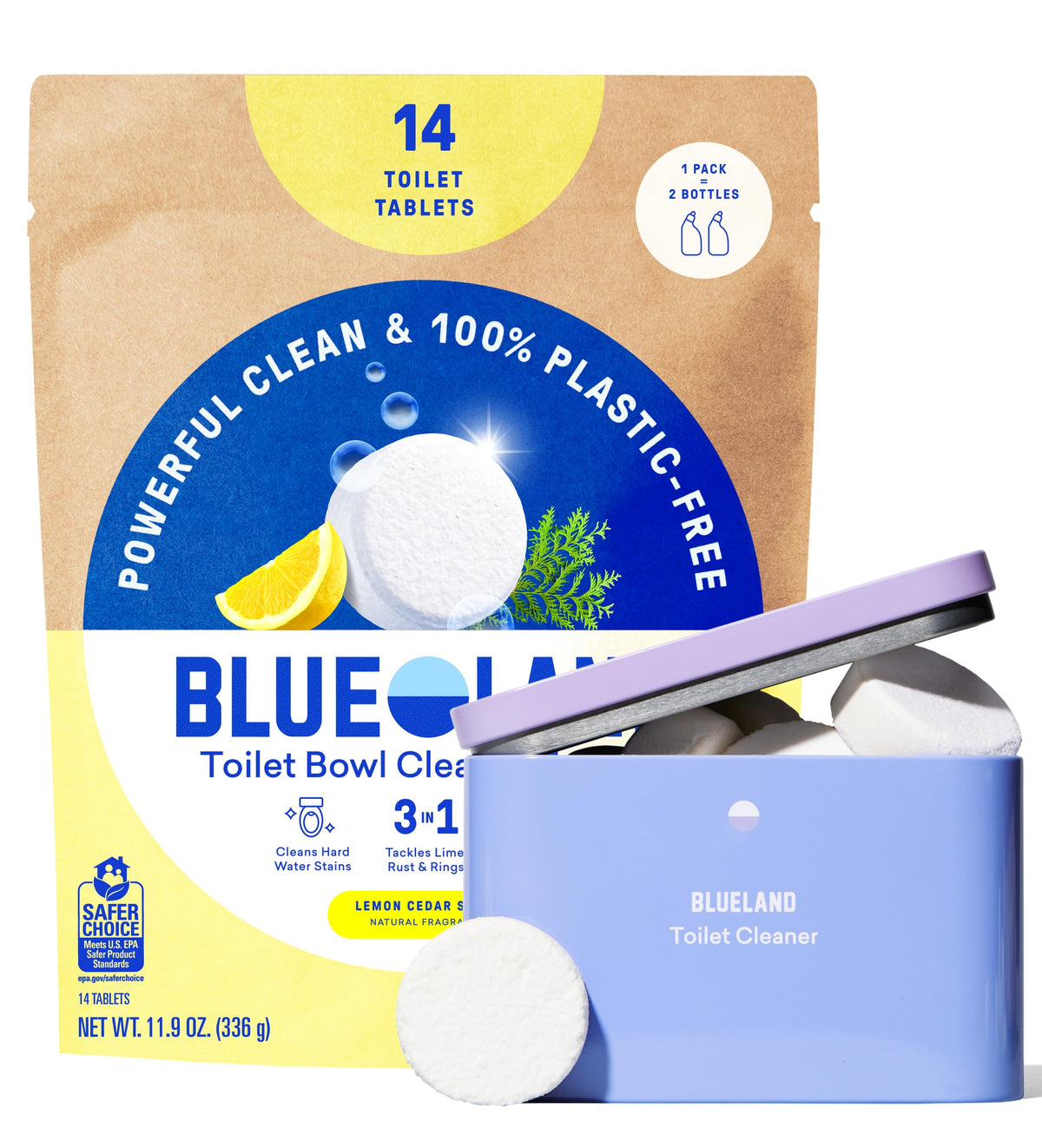 BLUELAND front packaging showing plastic-free toilet cleaner tablets and benefits