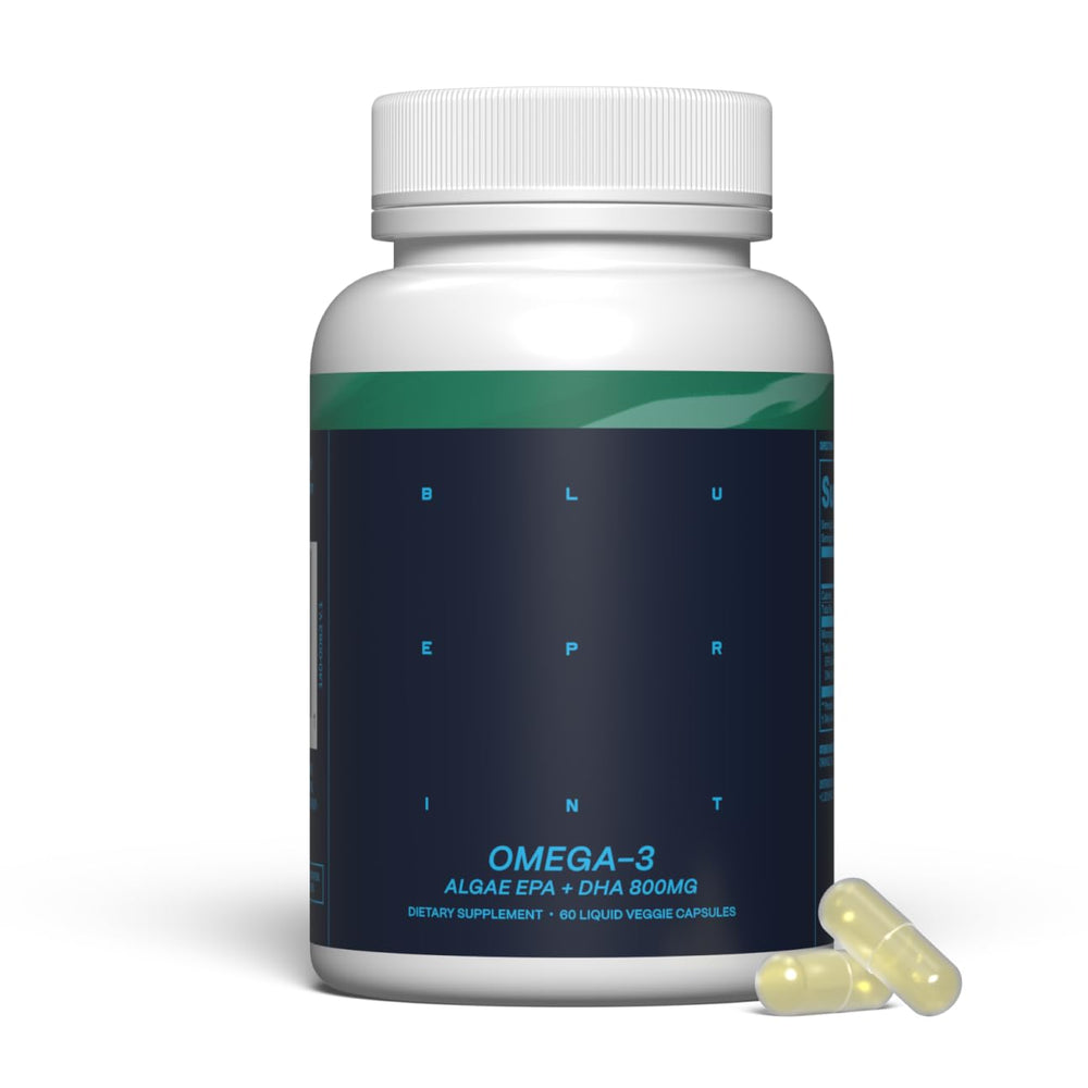 Blueprint Bryan Johnson front bottle view showing clean vegan omega-3 packaging and benefits