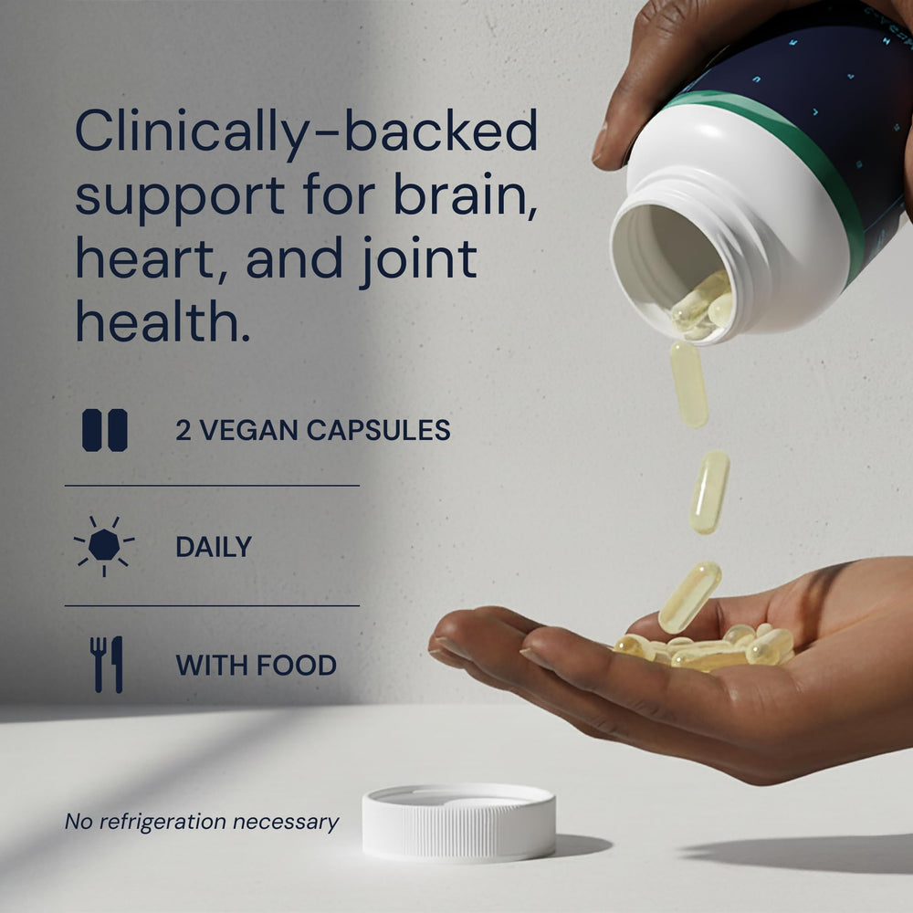 Blueprint Bryan Johnson label close-up showing EPA DHA 1:1 ratio and ingredient transparency