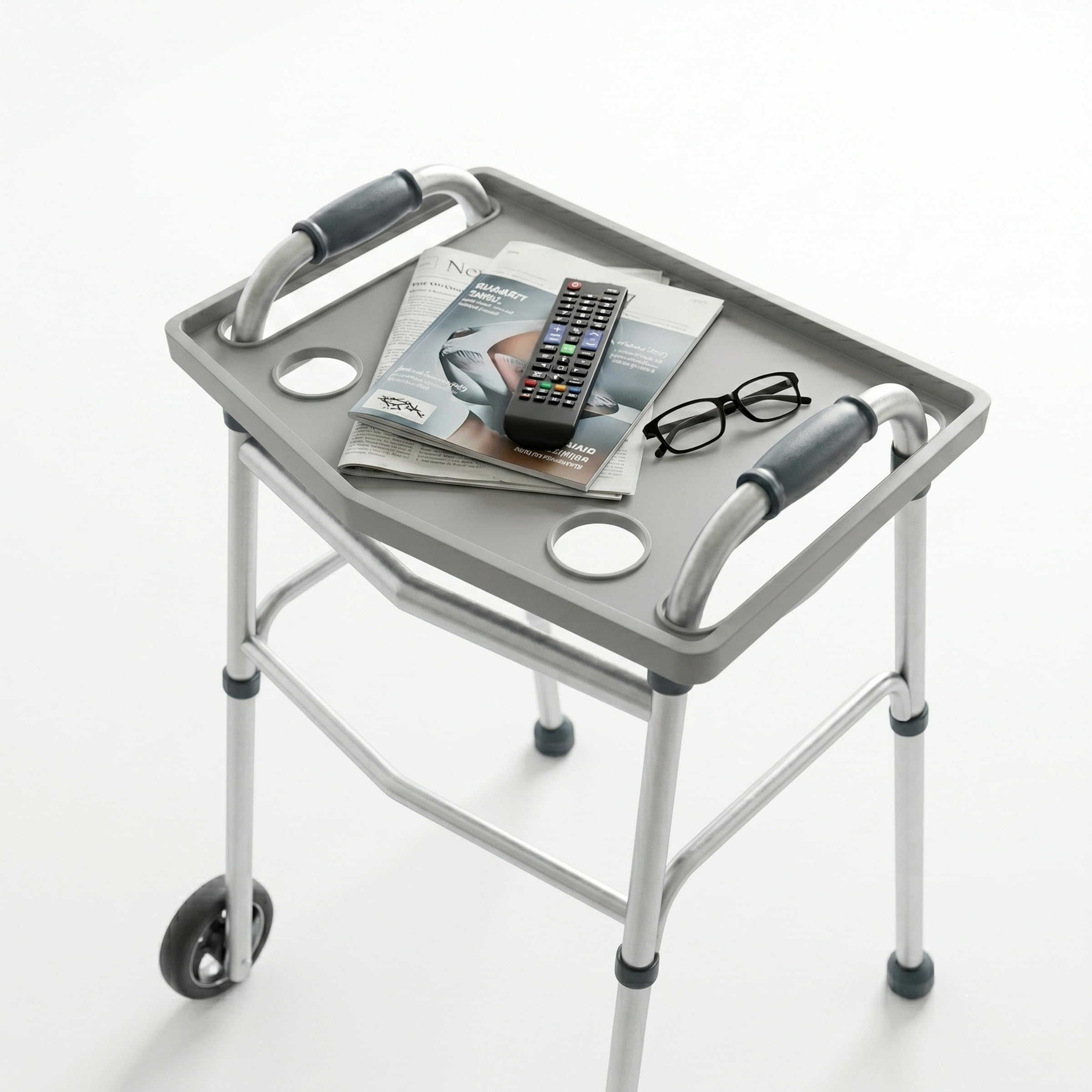 Bluestone tray front view showing full tabletop and cup holders for improved convenience