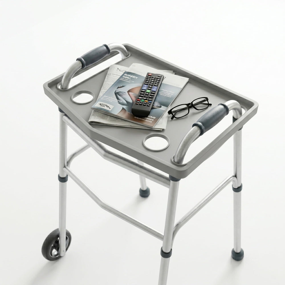 Bluestone tray front view showing full tabletop and cup holders for improved convenience