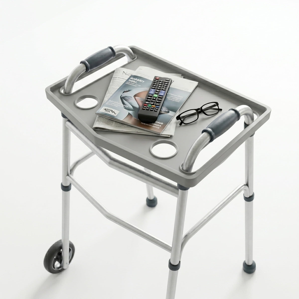 Bluestone tray front view showing full tabletop and cup holders for improved convenience