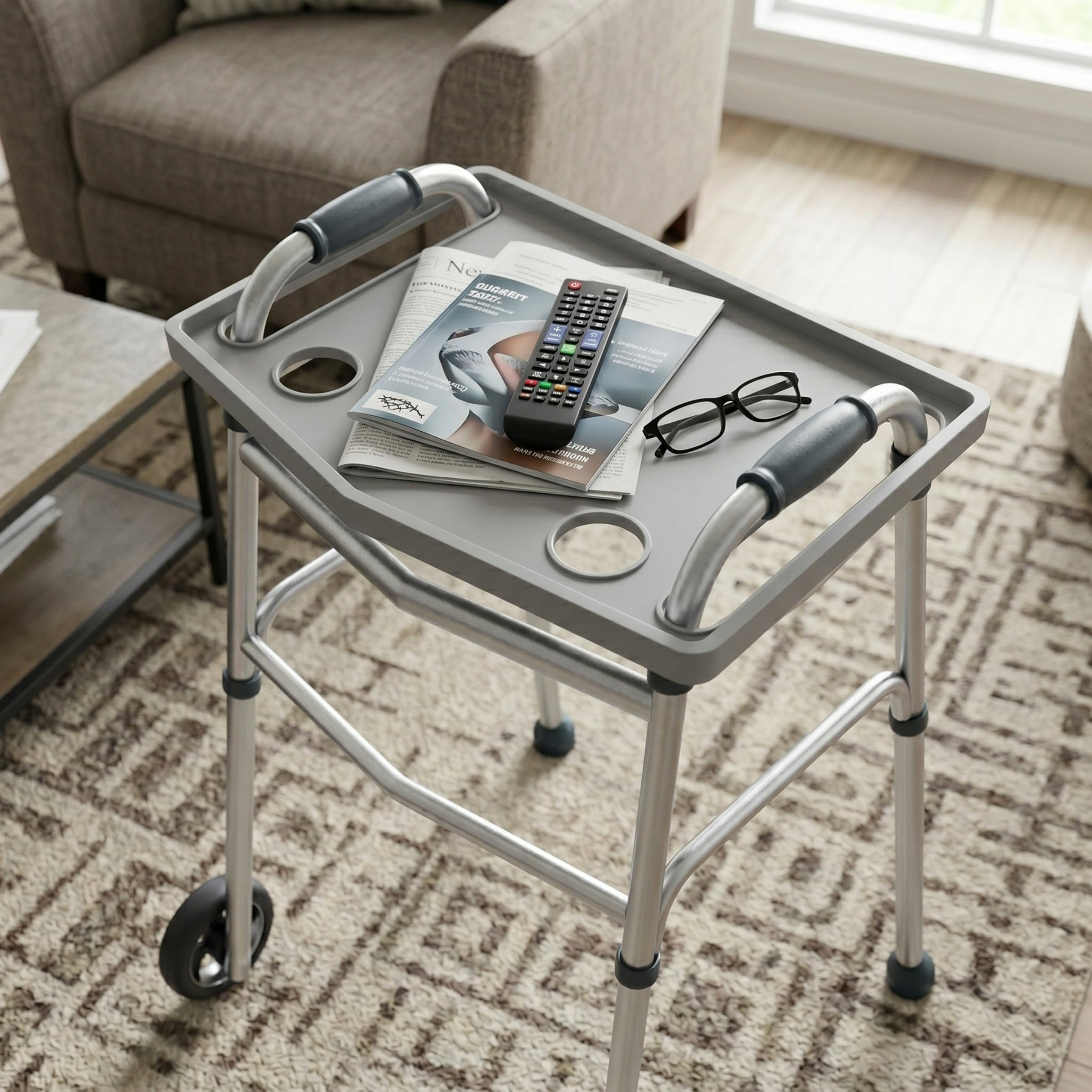 Bluestone tray in use with a person reading, supporting hands-free activities