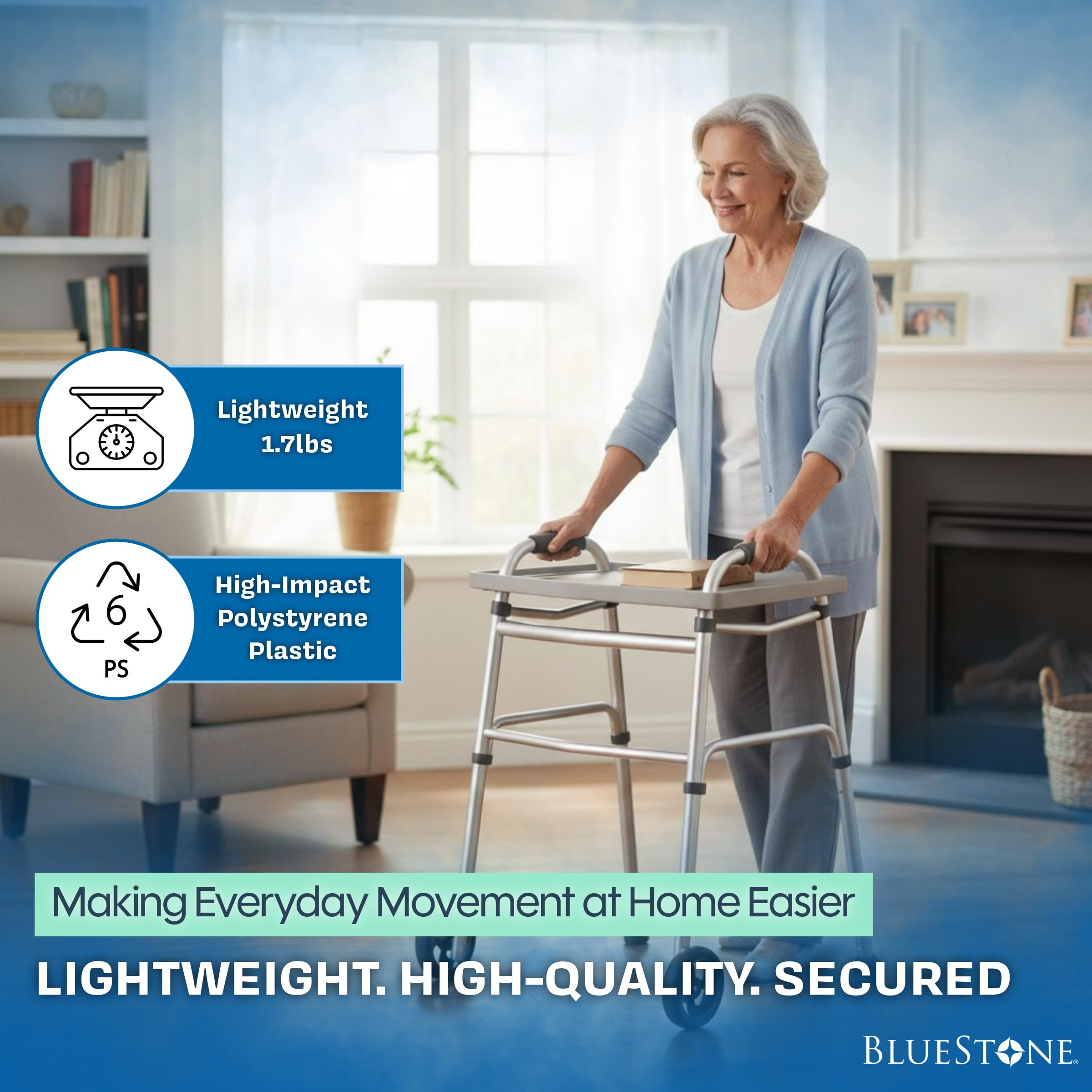 Bluestone tray mounted on a standard folding walker for instant tabletop use
