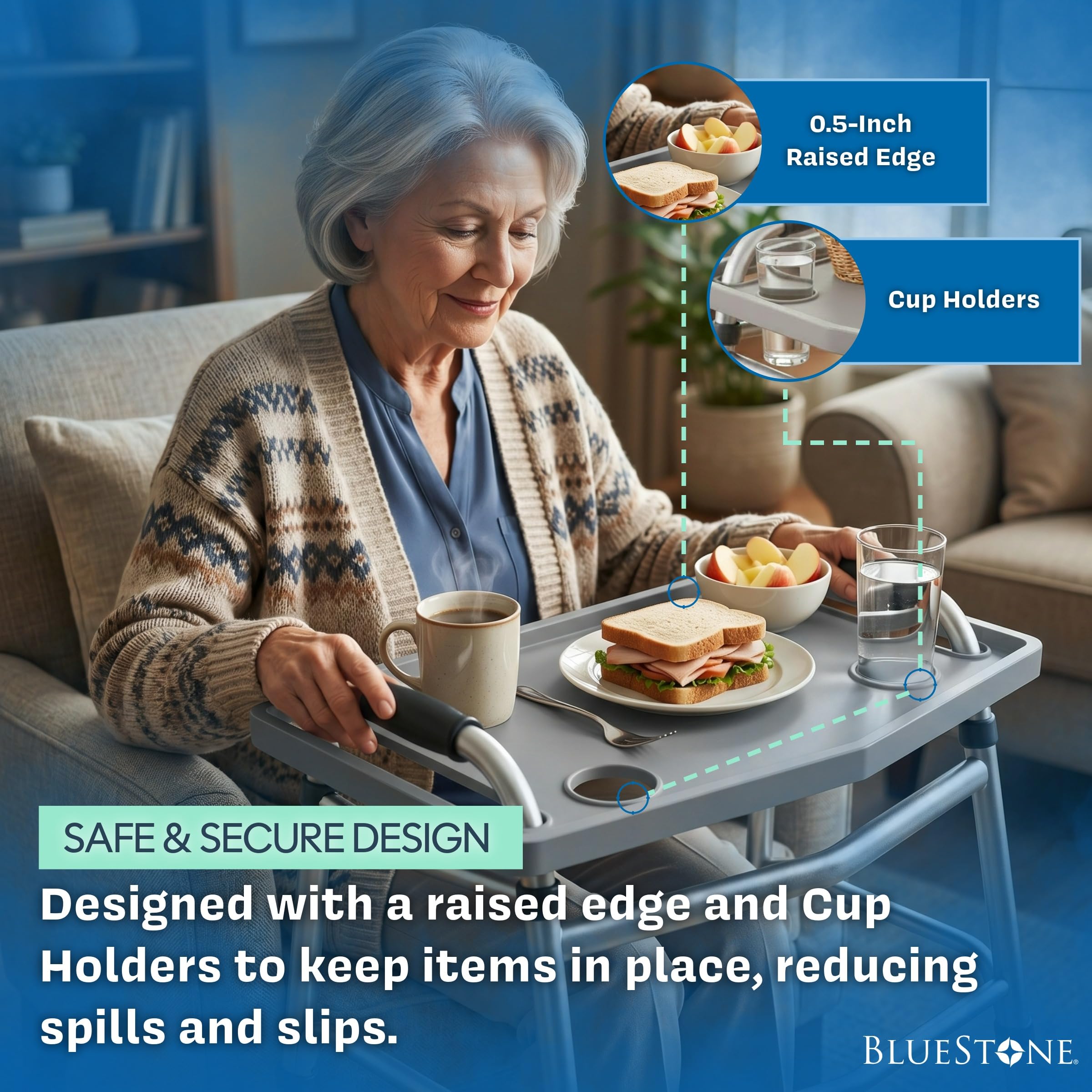 Bluestone tray holding a plate and cup demonstrating secure carrying and eating