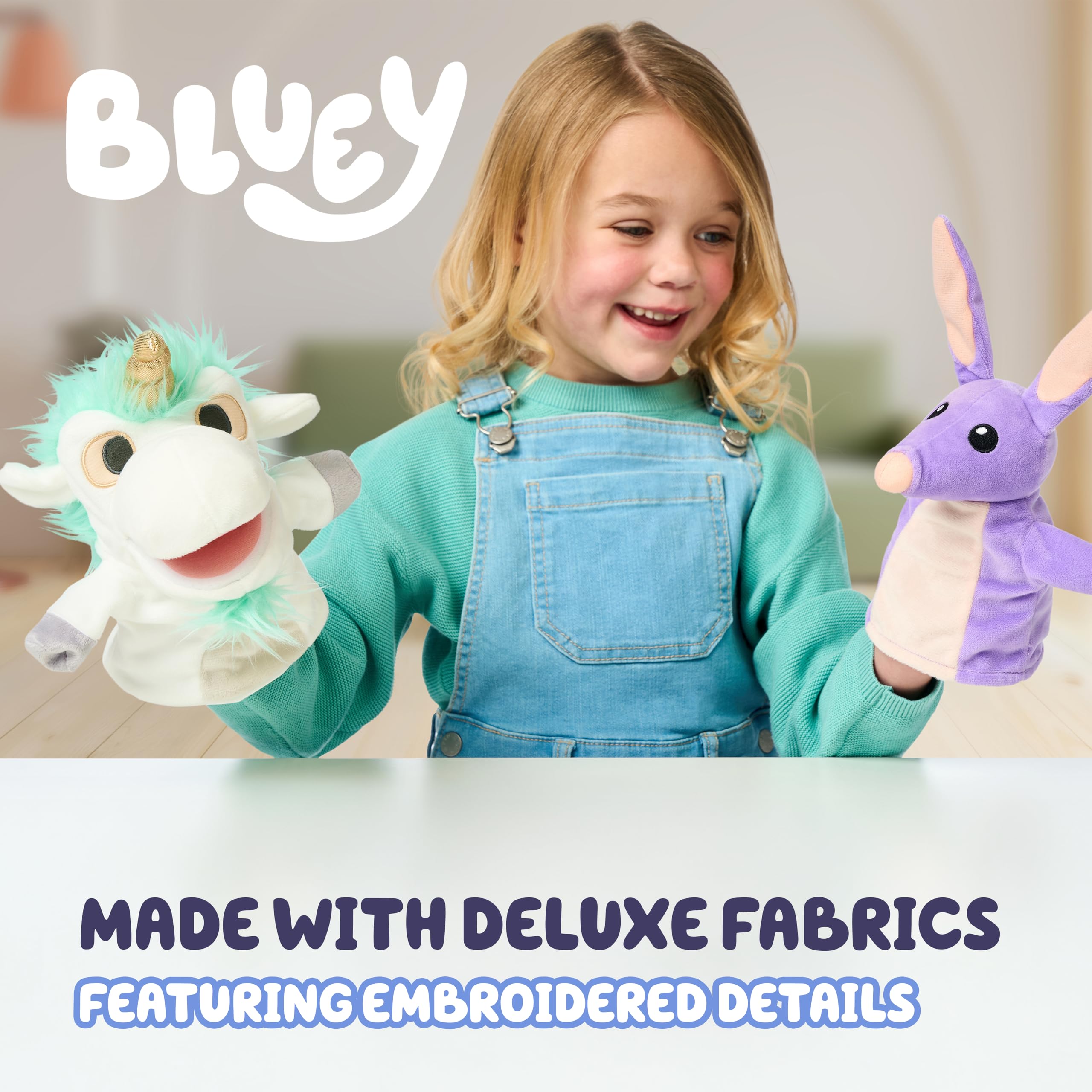 Bluey puppets beside a toy block for size comparison and portability