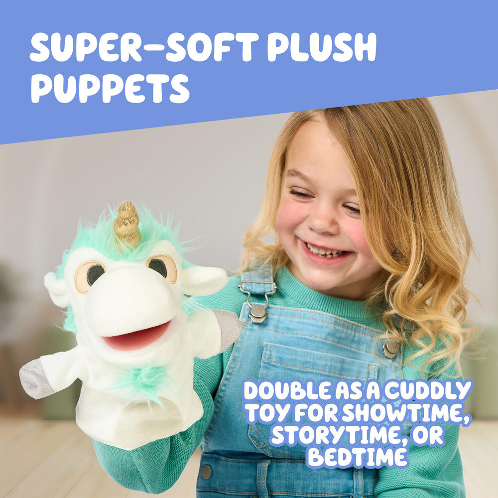 Bluey puppets on a toddler hand demonstrating ease of use