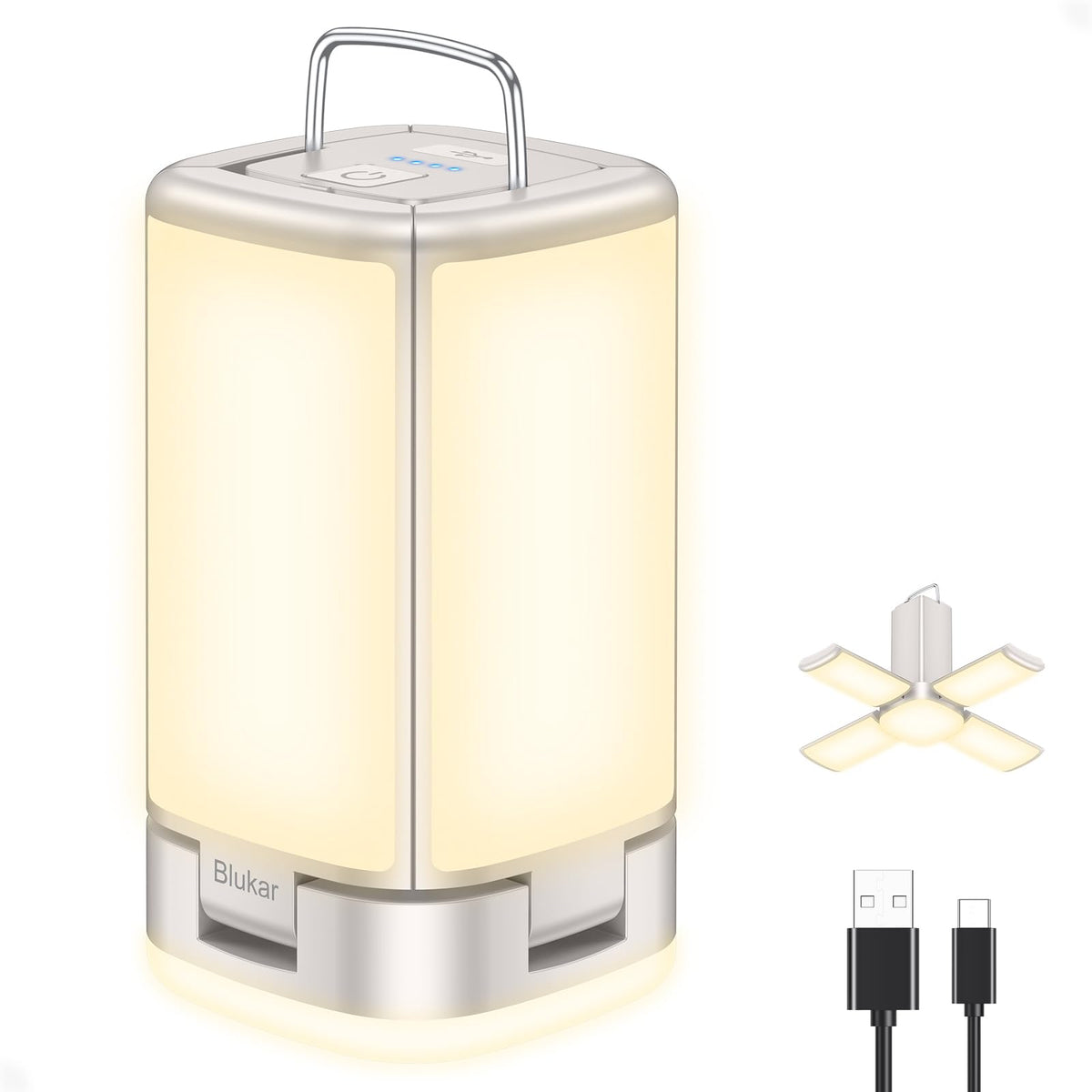 Blukar front view of lantern showing compact design and bright glow for camping